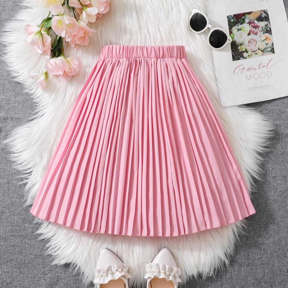 Falda Con Detalle Plisado Rosa Para Niña Joven, Adecuada Para Un Estilo Elegante, Otoño