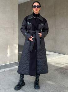 EURMUSE Women's Long Patchwork Padded Coat - Black - View 1