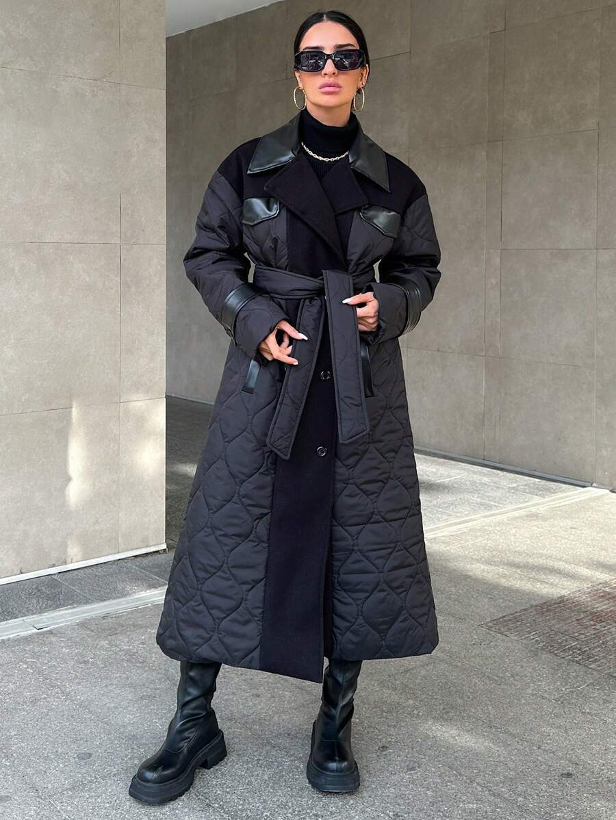 EURMUSE Women's Long Patchwork Padded Coat - Black - View 1