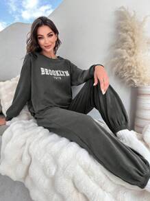 Women's Letter Graphic Drop Shoulder Top & Pants Homewear Set Outfit - Dark Grey - View 5
