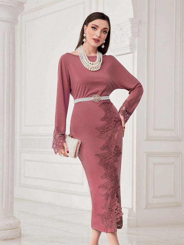 Ladies' Plain Round Neck Lace Patchwork Stylish Dress