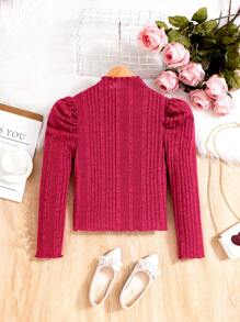 SHEIN Girls' High-neck Puff Sleeve T-shirt With Unique Design For Spring