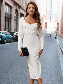 SHEIN Clasi 女士甜心領長袖連衣裙 - 米色 - 查看 3