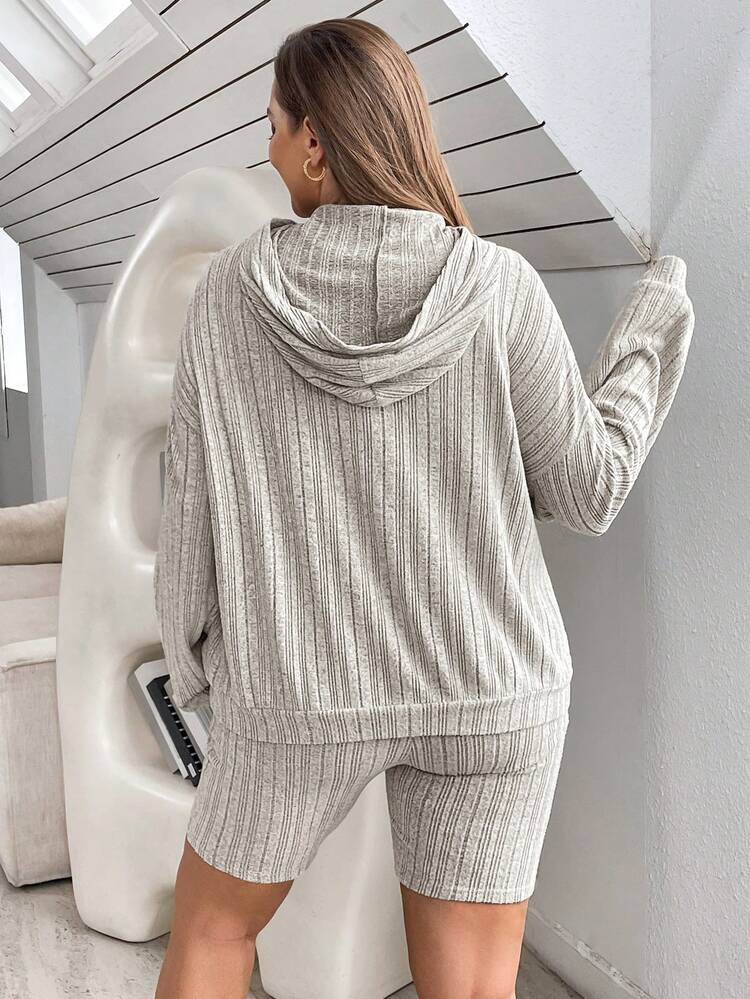 Women's Plus Size Button Front Hooded Top And Romper Set