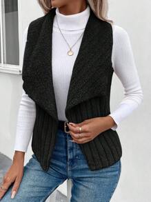 SHEIN Clasi 女士无袖瀑布开衫，女士深秋休闲瀑布常规版型黑色纯色女士外套，休闲日常穿着 - 黑色 - 查看 3