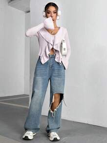 SHEIN Unity 女士實色荷葉邊燕尾袖系帶開襟針織外套 - 灰色 - 查看 3