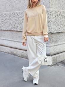 SHEIN Essnce Women's Badge Letter Embroidery Raglan Sleeve Sweatshirt - Khaki - View 1