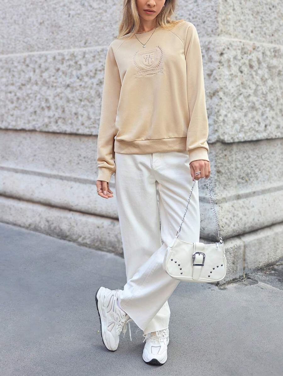 SHEIN Essnce Women's Badge Letter Embroidery Raglan Sleeve Sweatshirt - Khaki - View 1