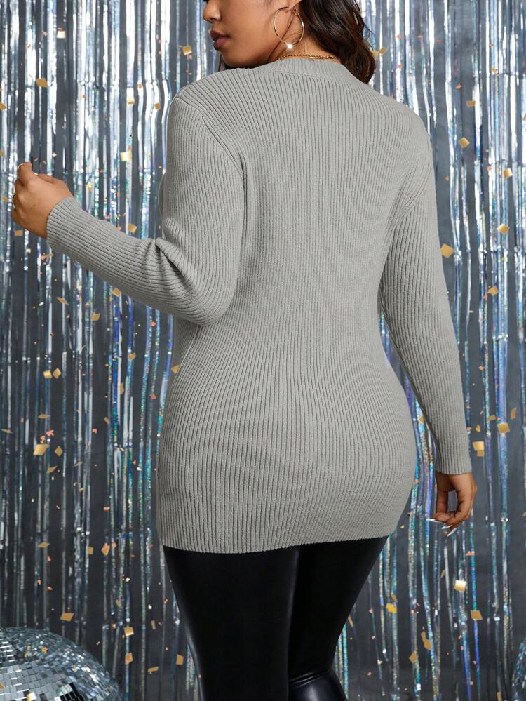 Women's Plus Size Solid Color Round Neck Hollow Out Cross Strap Ribbed Knit Sweater Knit Pullover Fall Winter Sweater