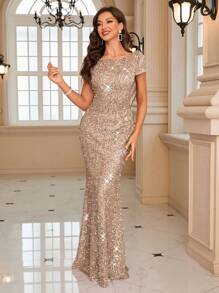 UNITHORSE 女士船领闪亮鱼尾下摆晚礼服派对礼服婚礼宾客礼服正式礼服晚礼服、新娘礼服、生日礼服、毕业礼服 - 杏色 - 查看 3