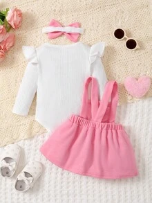 Em bé Cô gái Sọc Váy yếm Bộ Với Bowknot - Hồng - Xem 2