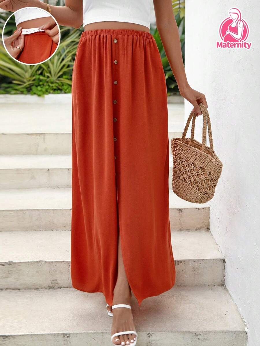 SHEIN Maternity Button Front Adjustable Waist Skirt - Burnt Orange - View 1