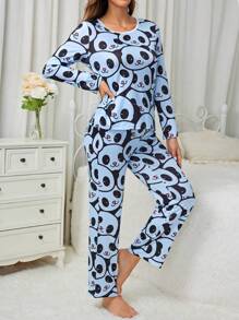 Conjunto De Pijama De Patrón De Panda Para Mujer - Celeste - Ver 6