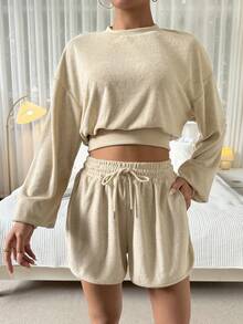 SHEIN Essnce Women's Cropped Sweatshirt And Shorts Two-piece Set - Army Green - View 4