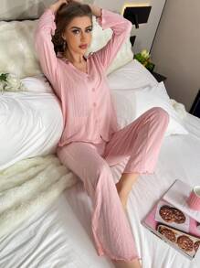 Men's Long Sleeve Collared Top And Pants Homewear Set - Pink - View 4