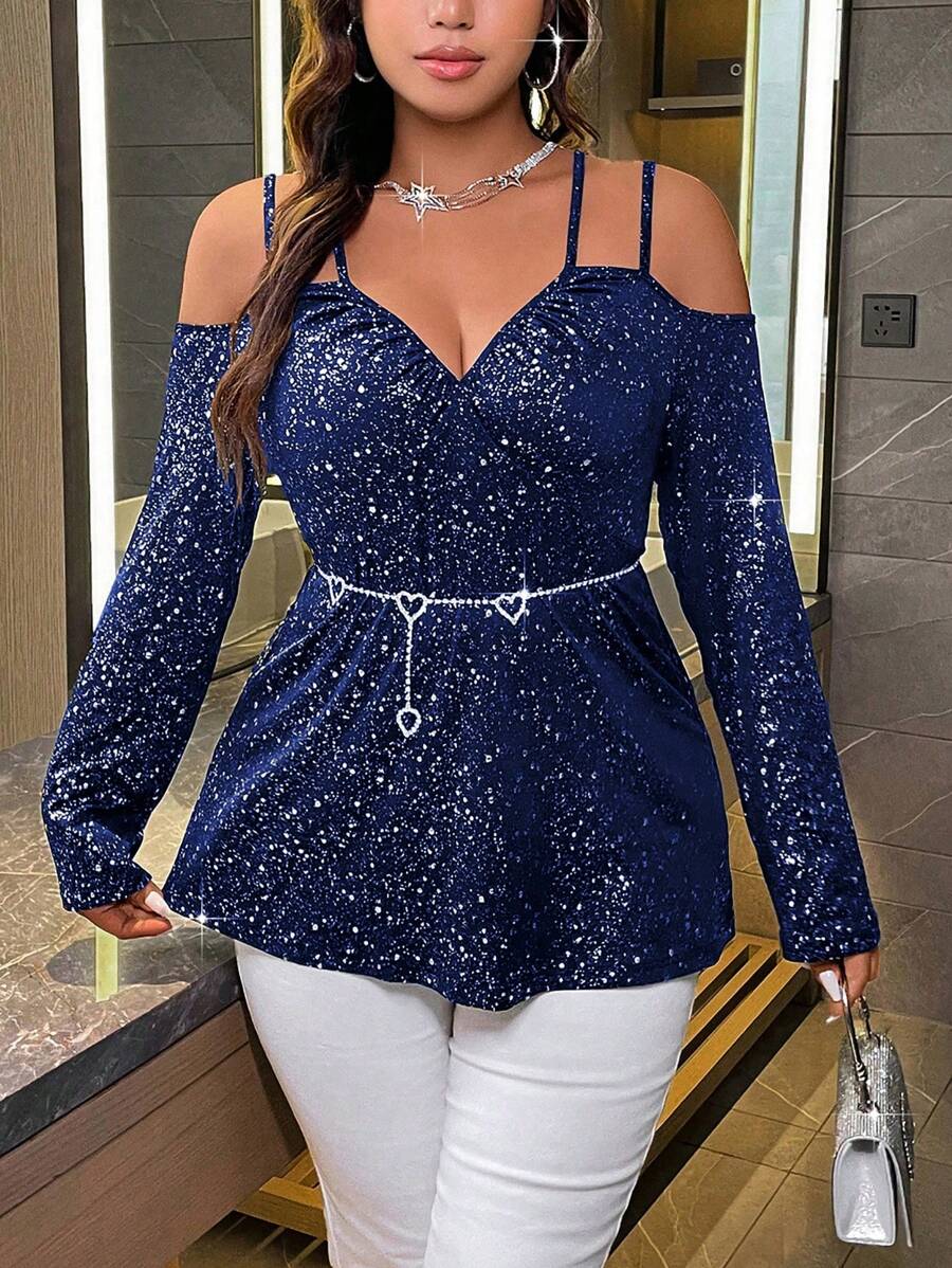 SHEIN Allurite 加大尺碼藍色露肩亮片腰帶鍊子時尚t恤 - 藏蓝色 - 查看 1