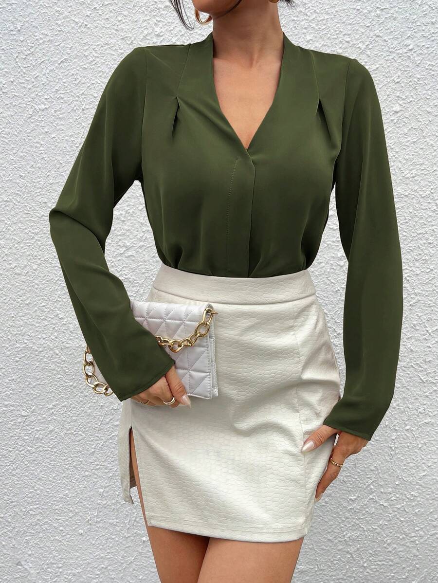 SHEIN Essnce Fold Pleated Solid Top Workwear - Army Green - View 1