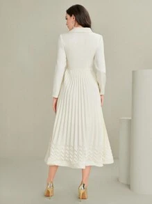 Modelyn Asymmetrical Neck Embroidered Pleated Long Sleeve Dress Without Belt