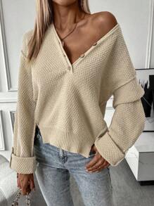 SHEIN LUNE 女士开衩下摆落肩套头针织衫秋冬毛衣 - 杏色 - 查看 3