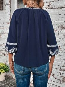 SHEIN LUNE Flower Embroidery Notch Collar Lantern Sleeve Blouse