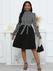 SHEIN Privé 千鳥格圖案束帶連身裙 - 黑色 - 查看 5