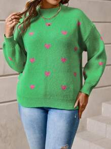 Calvaya Suéter informal de manga larga con cuello alto de punto, diseño de bloque de color y gráfico de corazón, para mujer de talla grande, otoño/invierno