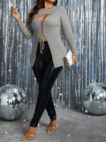 SHEIN Clasi Women's Plus Size Solid Color Round Neck Hollow Out Cross Strap Ribbed Knit Sweater Knit Pullover Fall Winter Sweater - Grey - View 4