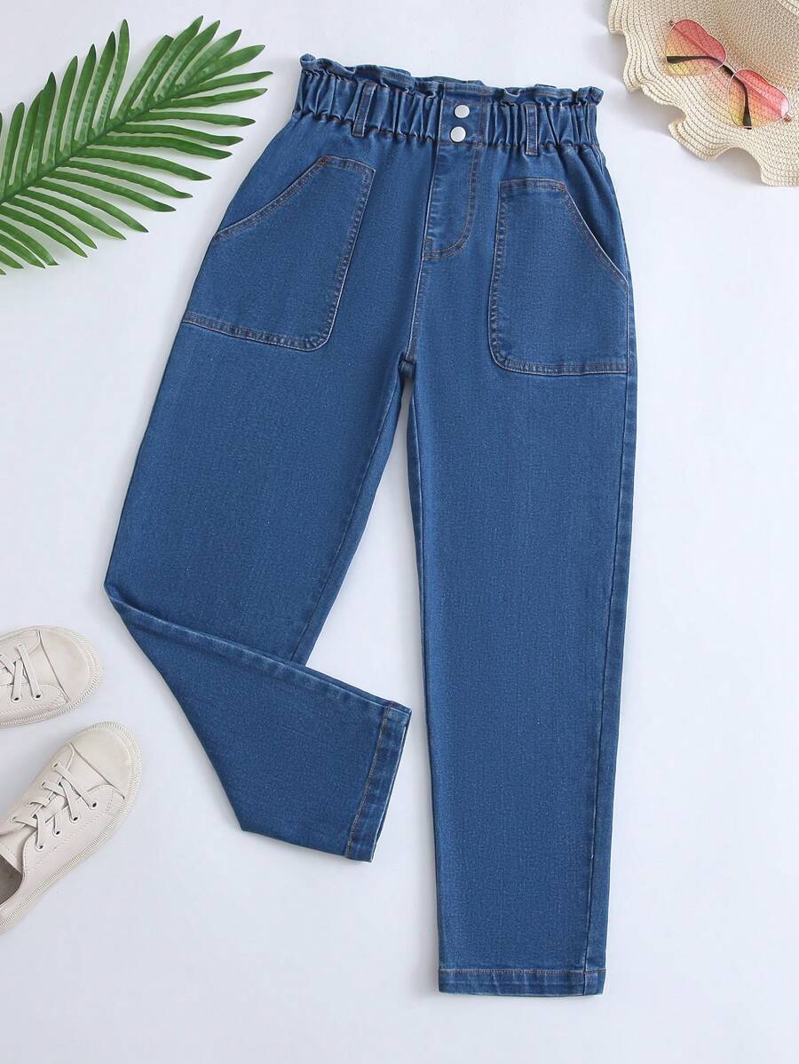 SHEIN 青少年女孩休闲波西米亚风日常中号水洗平底裤腰平口袋卷边妈妈牛仔裤 - 中等水洗藍 - 查看 1