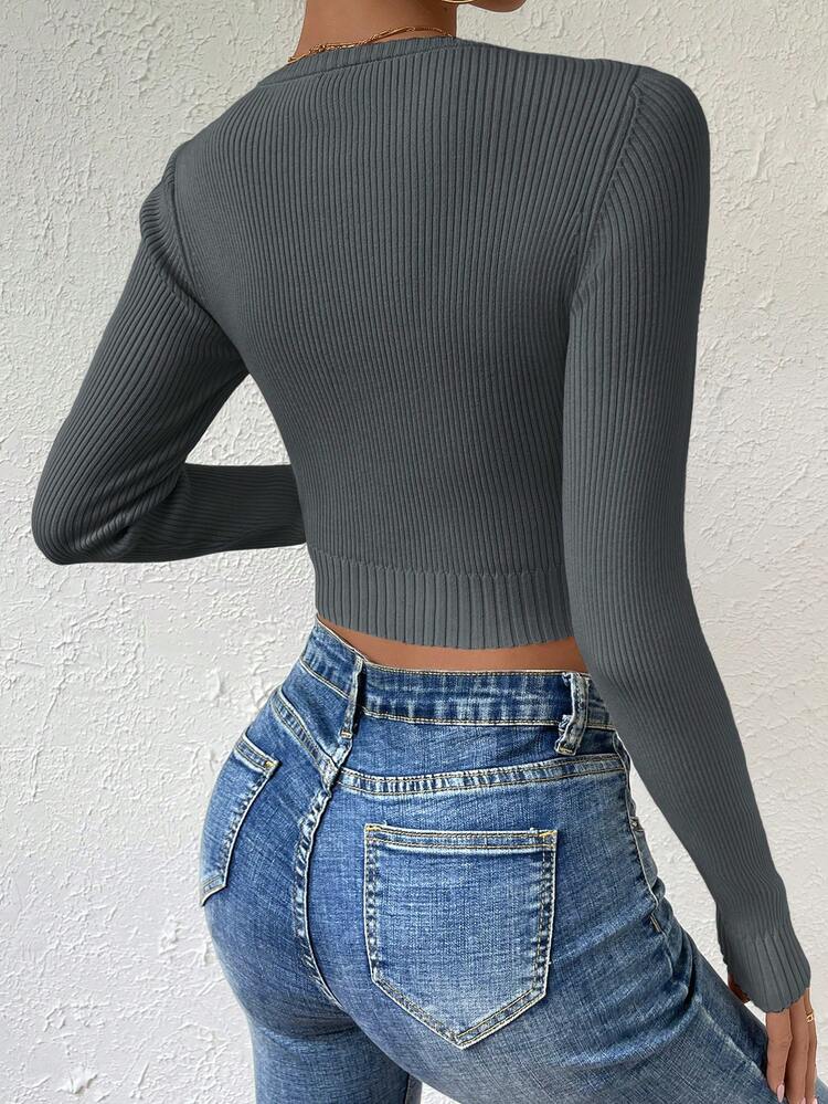 Women's Solid Color Ribbed Knit Cropped Knit Pullover Fall Winter Sweater