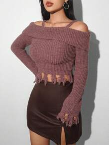 SHEIN Unity Women's Distressed Sweater With Exposed Shoulder And Cuffs Knit Pullover Fall Winter Sweater - Bronze - View 4