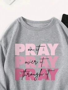 SHEIN EZwear 女士灰色字母印花連帽衫和黑色束口運動褲2件套裝 - 淺灰色 - 查看 3