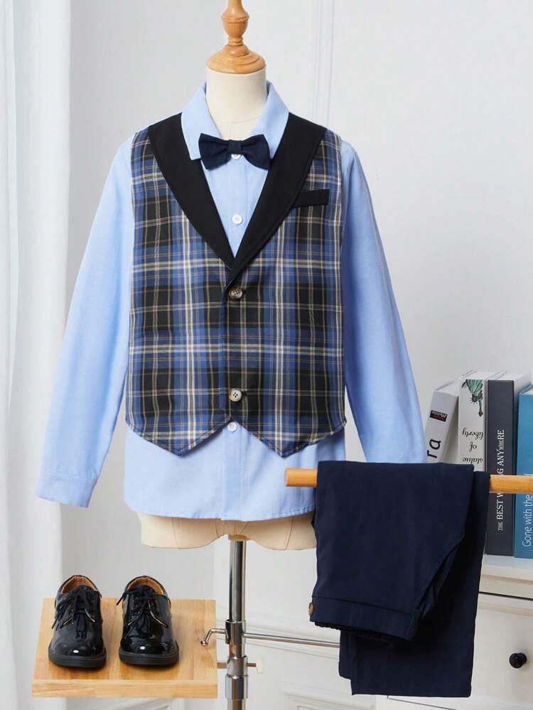 Boys' Elegant 2 In 1 Plaid Shirt And Pants Gentleman Suit, 2pcs/Set