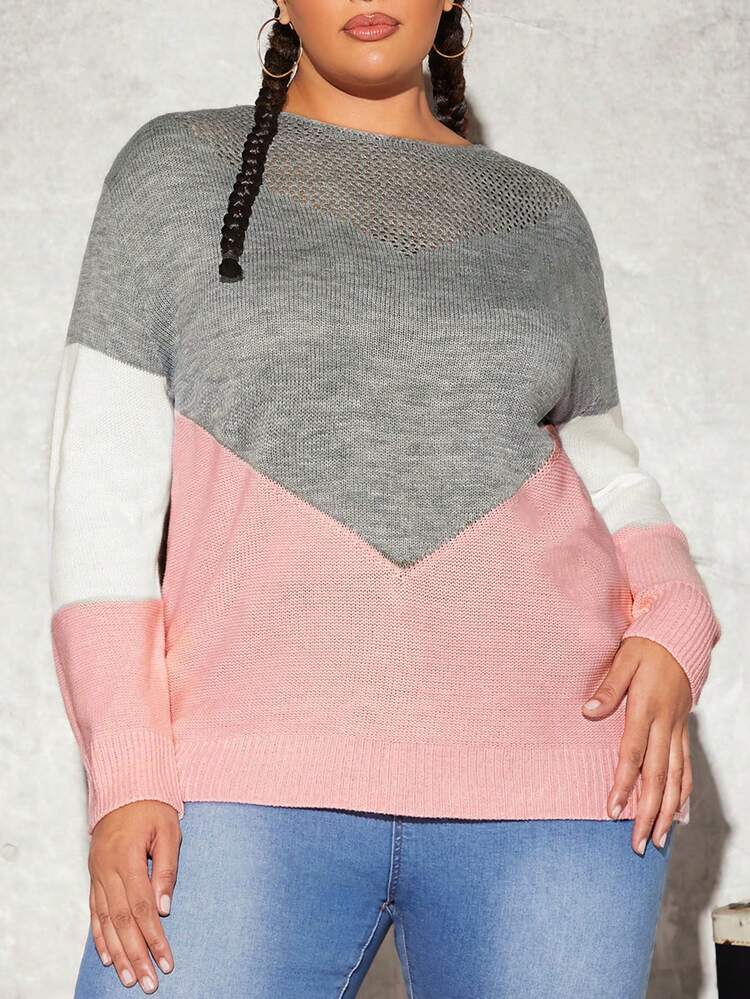 Plus Size Colorblock Sweater With Drop Shoulder