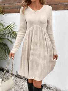 SHEIN Frenchy 女 A 字羅紋連身裙 - 杏色 - 查看 3