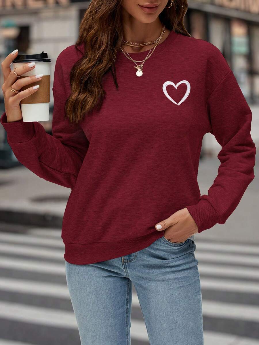 SHEIN LUNE Của phụ nữ In Trái tim Thả vai Áo nỉ - Màu Đỏ Sâu - Xem 1