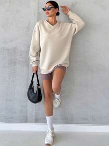 RueChic Solid Drop Shoulder Sweatshirt For Autumn & Winter - Beige - View 3