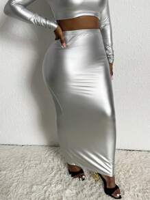 Slaydiva Solid PU Leather Pencil Skirt - Silver - View 1