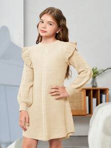 SHEIN Tween 女童休闲宽松长袖喇叭下摆毛衣裙 - 杏色 - 查看 4