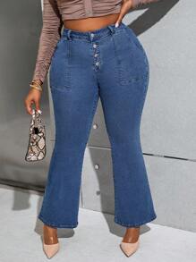 SHEIN Essnce 大码高腰紧身喇叭牛仔裤，性感保暖牛仔裤，适合圣诞节和新年夜穿着 - 中等水洗藍 - 查看 3