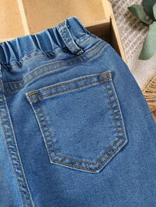 Pantalones vaqueros de verano para niños pequeños de unicolor con diseño simple y casual - Azul lavado medio - Ver 7