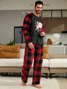 Men 1pc Buffalo Plaid & Christmas Print Raglan Sleeve Sleep Tee & 1pc Sleep Pants
