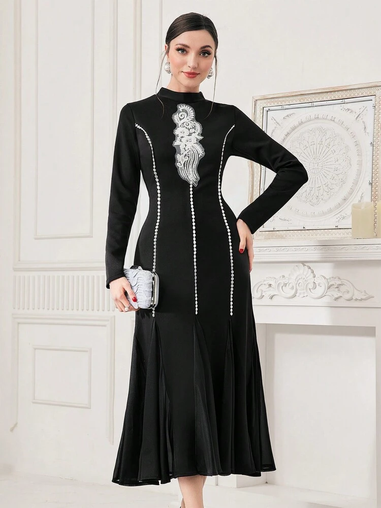 Ladies' Black Printed Stand Collar Dress Fall Cloth For Women