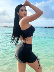 SHEIN Swim Women's Halter Neck Ruffled Separated Swimming Suit, 3pcs/Set Summer - Black - View 8