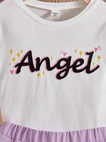 Chicas Top Casual De Manga Larga Con Cuello Redondo Y Diseño De Letras Y Falda Plisada De Estilo Callejero