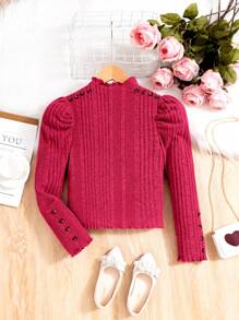 SHEIN Girls' High-neck Puff Sleeve T-shirt With Unique Design For Spring