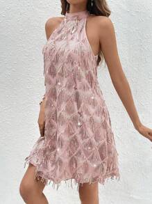 SHEIN Clasi 女款無袖亮片流蘇寬鬆連身裙 - 粉色 - 查看 5