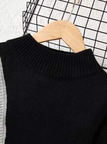 SHEIN Tween Girls Elegant Loose Fit High Neck Pullover Contrasting Knit Sweater Dress With Long Sleeves - Multicolor - View 3