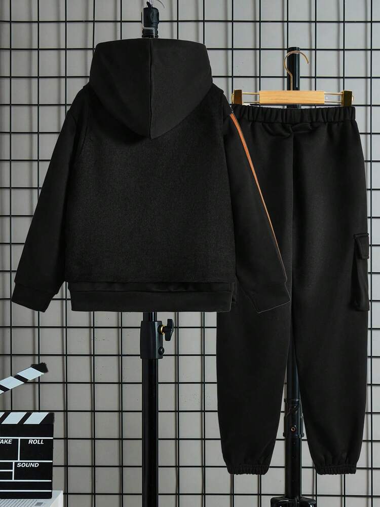 3pcs/set Tween Boys' Casual Hooded Letter Print Sweater Top, Pants And Vest Outfit