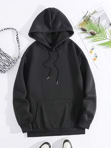加大码笑脸印花袋鼠口袋保暖内衬抽绳卫衣 - 黑色 - 查看 2