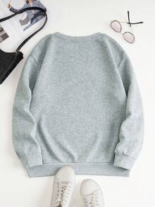 SHEIN EZwear 加大碼文本印花圓領休閒連帽衫 - 灰色 - 查看 2